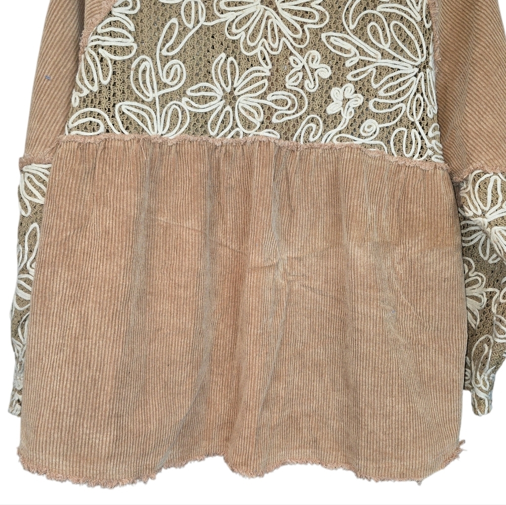 POL Tan Corduroy Button-Down Shirt with Cream Lace Detail - Picture 12 of 16